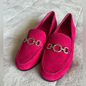Bandolino Hot Pink Suede Loafers with Gold Chain Accent